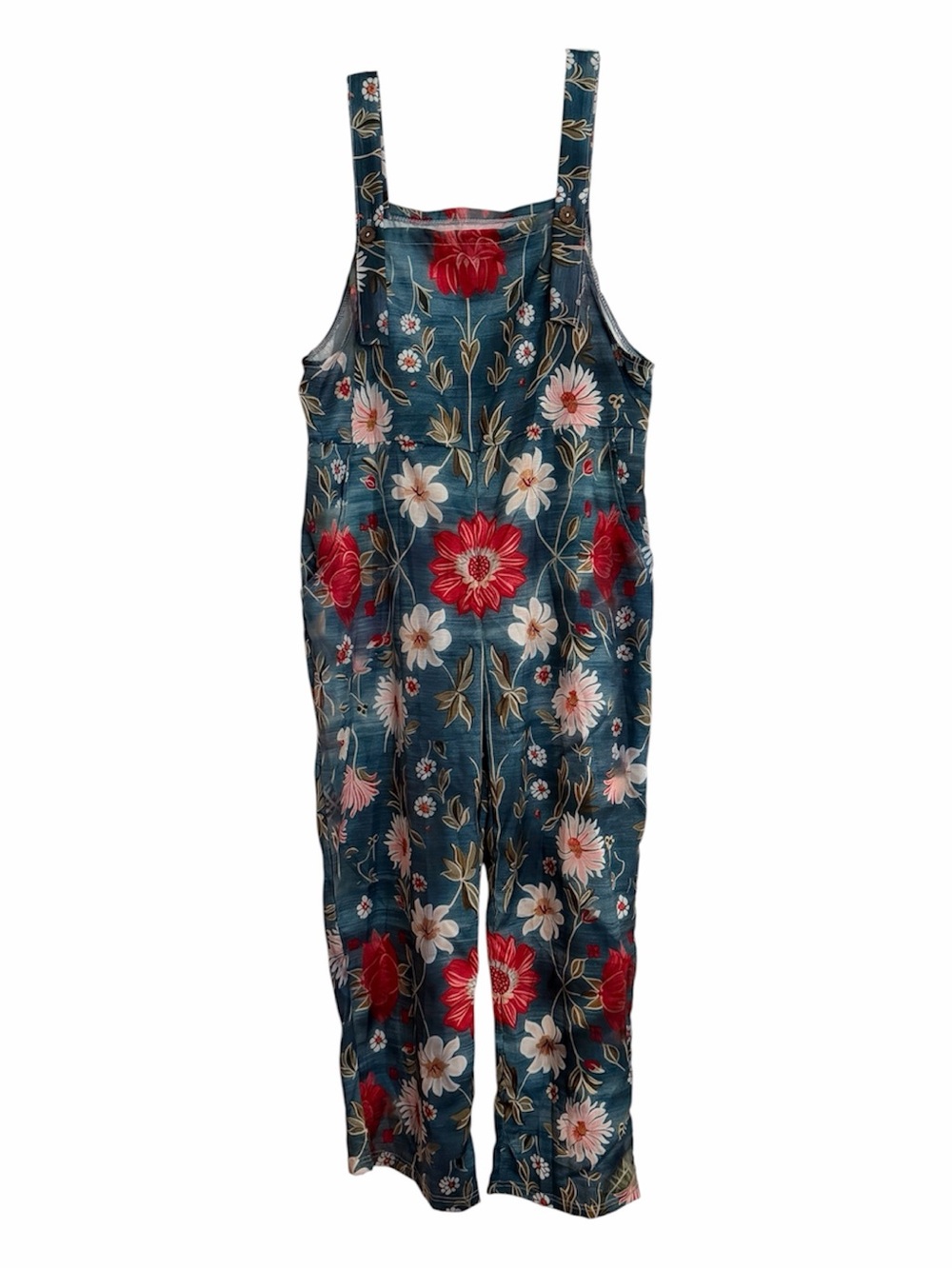 Floral Print Denim-Style Overalls in Blue and Red with Pockets